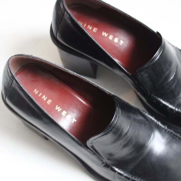 Nine West Women's Kinetic Black Leather Y2K Square Toe Loafer Heels Size 7 - Picture 6 of 8
